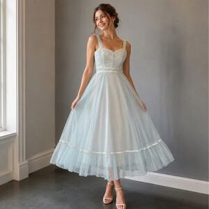 VTG Gunne Sax Baby Blue Dotted Swiss Lace Maxi Dress Prairie Gown Size 5 Pearl